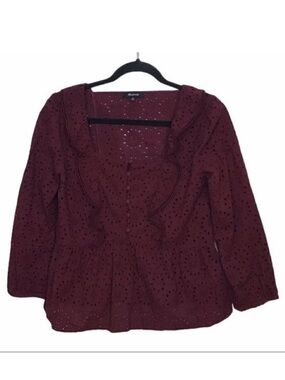 Madewell Burgundy Eyelet Pom Pom Blouse Top XS